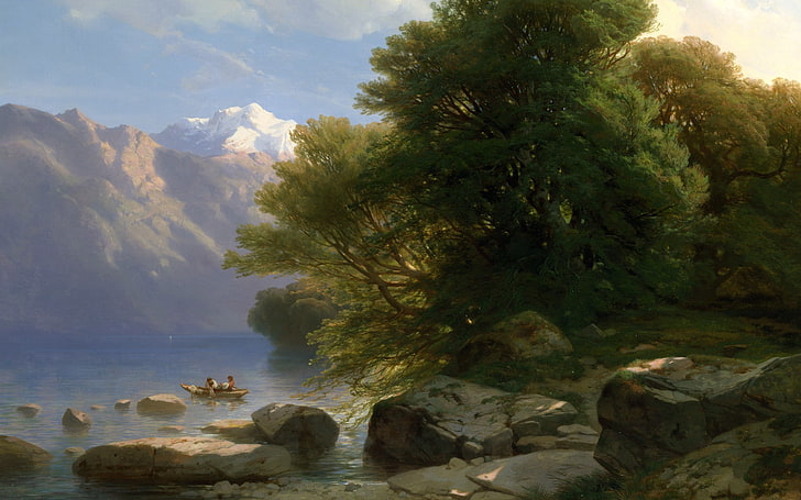 painting, boat, rock, trees, river, classic art, Alexandre Calame