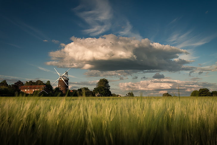 nature, landscape, windmill, clouds, environment, sky, field, HD wallpaper