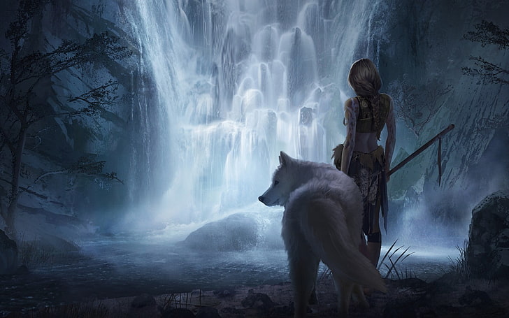 fantasy art, women, wolf, mammal, waterfall, one person, full length