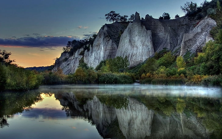 lake, reflection, cliff, landscape, water, rock, mist, nature, HD wallpaper
