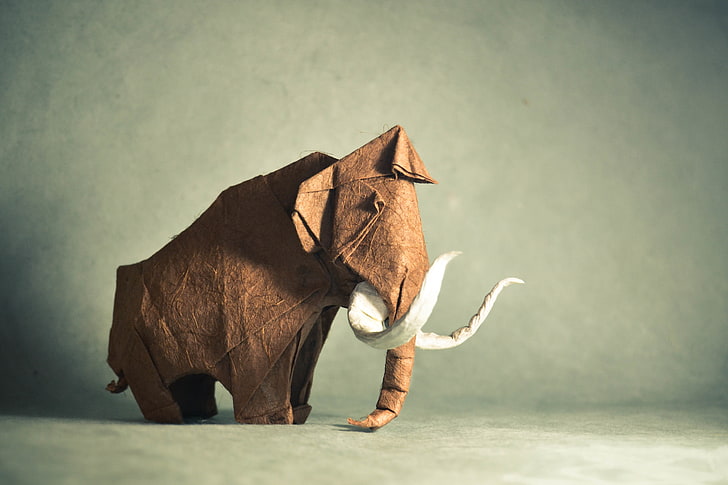 brown and white elephant origami art, mammoth, artwork, mammals
