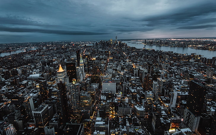 aerial photography of building at night, New York City, USA, cityscape, HD wallpaper