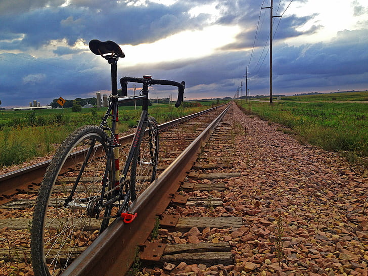 black road bike on train track, Twin, Speedy, Devil, surly, dustin, HD wallpaper