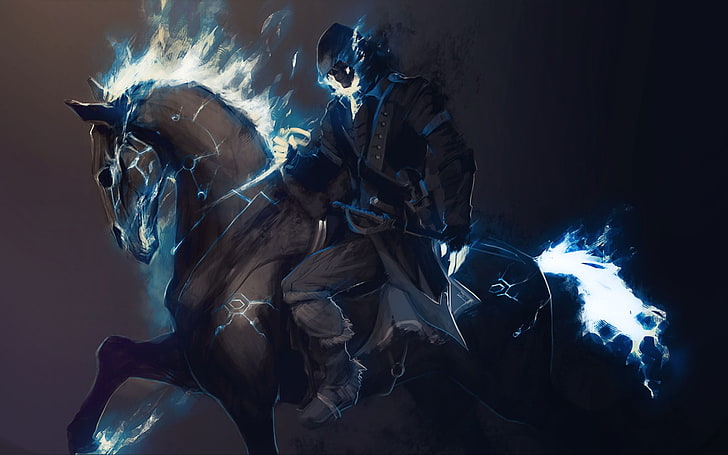man riding horse illustration, ghost, fantasy art, artwork, arts culture and entertainment, HD wallpaper