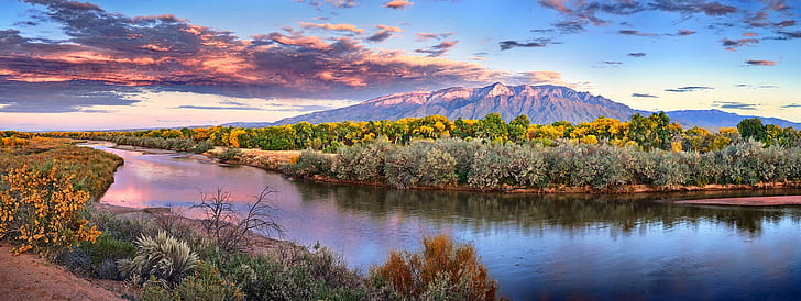 fall, river, New Mexico, sunset, forest, clouds, mountains, HD wallpaper