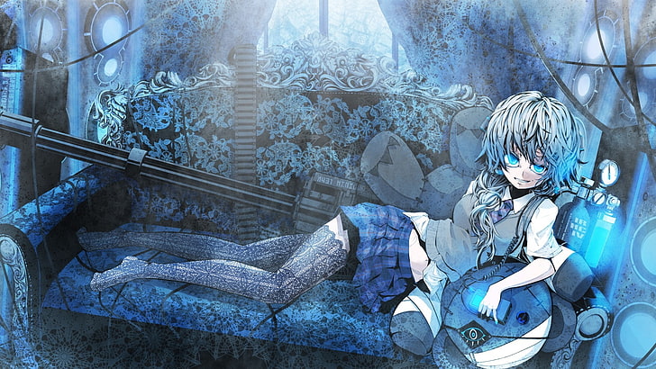 Touhou, blue eyes, blue hair, skirt, thigh-highs, original characters