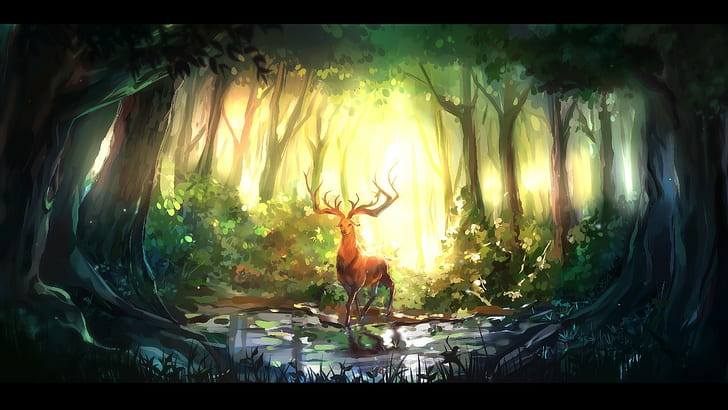 Deer Drawing Trees Forest HD, fantasy
