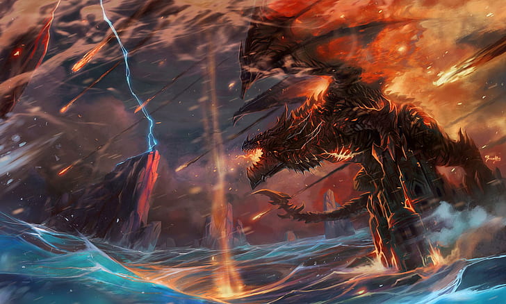 Deathwing, painting of dragon, fan art, magic, fire, fantasy, HD wallpaper