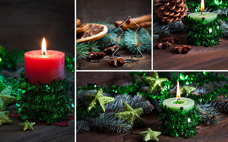 green and red leaf plant, Christmas, New Year, candle, fire, burning, HD wallpaper