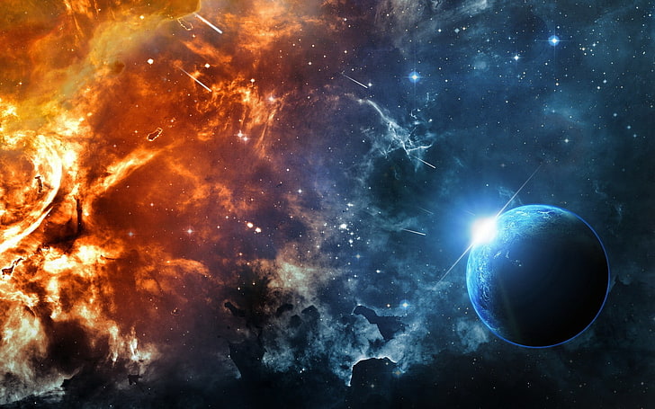 blue planet digital wallpaper, space, fire, ice, supernova, digital art, HD wallpaper