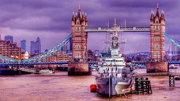 tower bridge, hms belfast, london, europe, united kingdom, ship, HD wallpaper