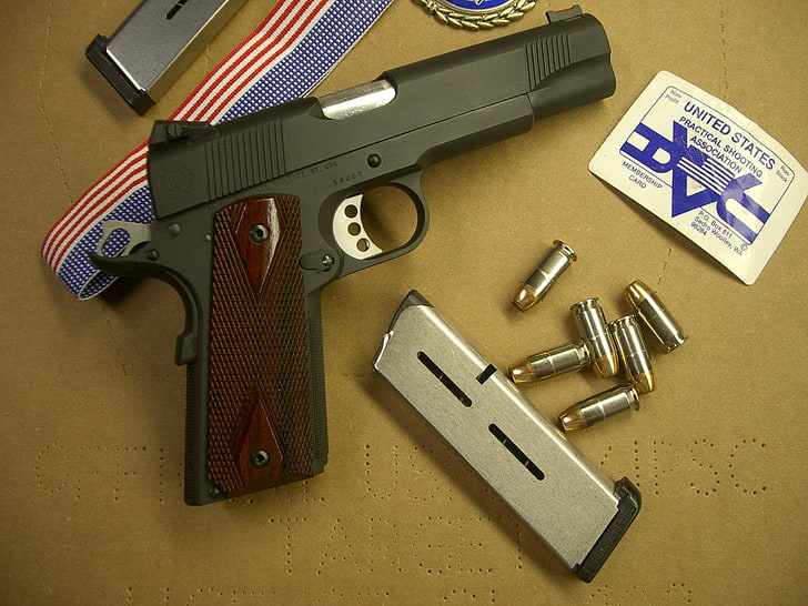 black semi automatic pistol, gun, medal, cartridges, perforation, HD wallpaper