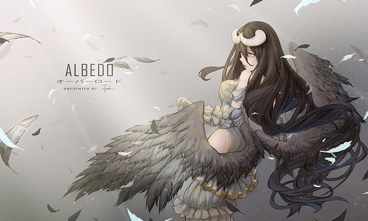 Anime, Overlord, Albedo (Overlord), Black Hair, Feather, Girl, HD wallpaper