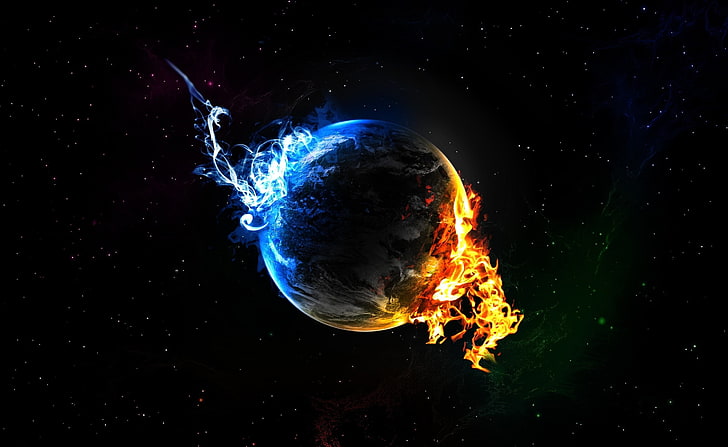 Water Fire Elements, flaming earth wallpaper, motion, no people, HD wallpaper
