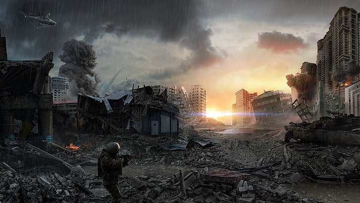 soldier holding gun illustration, apocalyptic, digital art, sky
