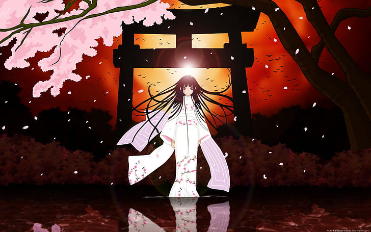 Enma Ai, anime girls, cherry blossom, reflection, Jigoku Shoujo, HD wallpaper