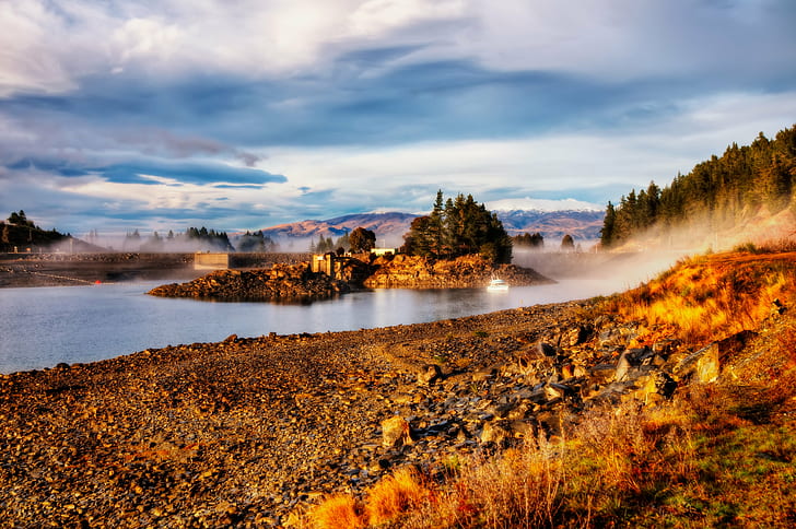 panoramic photo of rocks between of river, New Zealand, Peter Jackson, HD wallpaper
