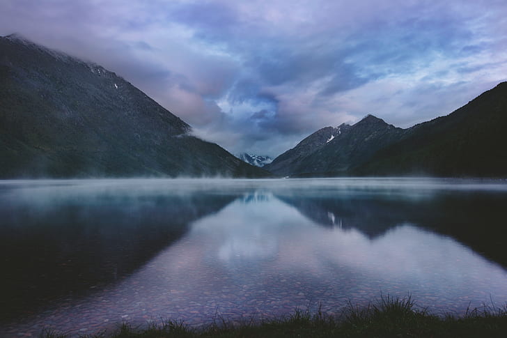 mountains, lake, fog, clouds, altai, russia, HD wallpaper