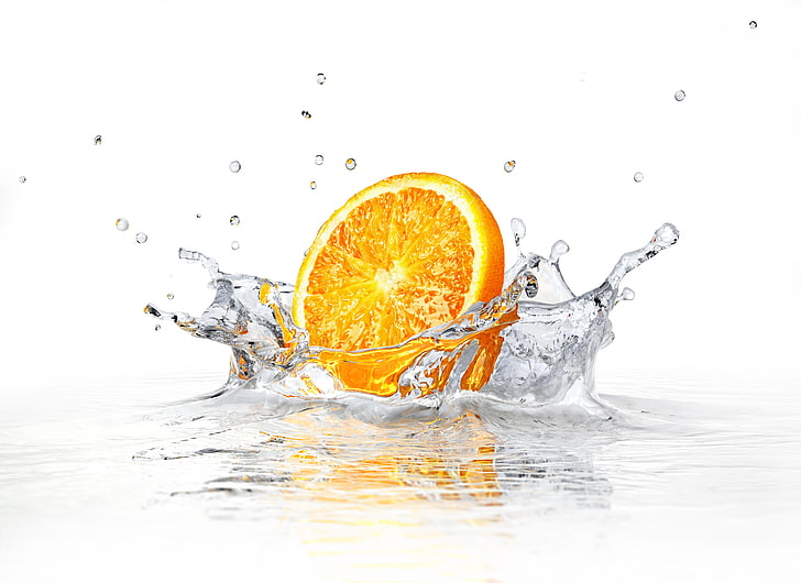 sliced orange fruit, water, squirt, white background, orange slice, HD wallpaper