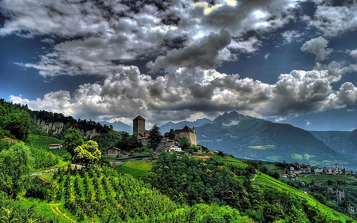 Tirol Village, South Tyrol, Italy, Tirol Castle, village, mountains, clouds, green grass and trees lot