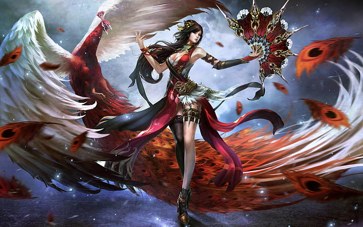 Beautiful Asian Girl, Long Black Hair Weapon Sock Range Knives With Sharp Spikes Red Peacock White Wings Fantasy Wallpaper Hd, HD wallpaper