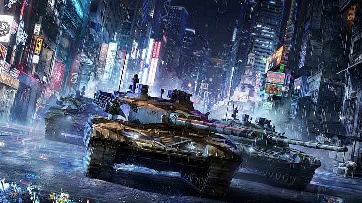 Armored, Warfare, Game, 5K, city, rain, street, three battle tanks