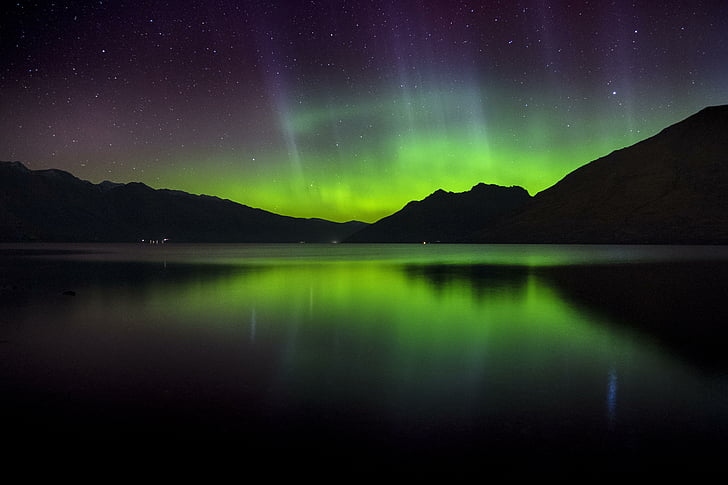 Aurora, Southern lights, Landscape, Lake, Reflections, New Zealand