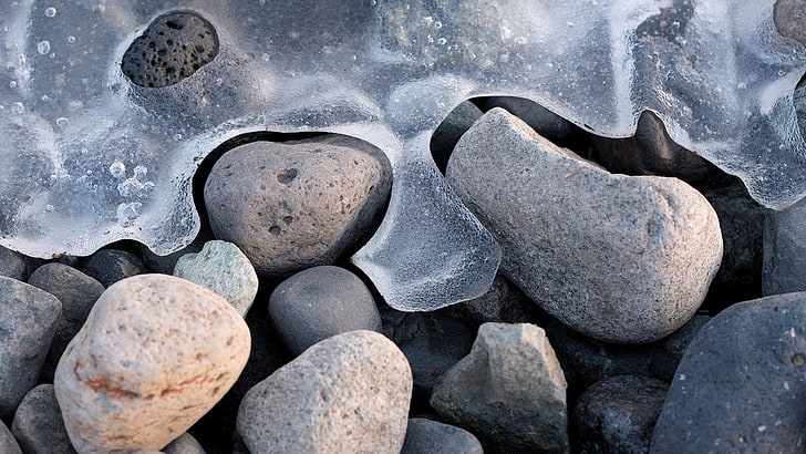 gray stones, gray stones, nature, winter, ice, macro, Ubuntu