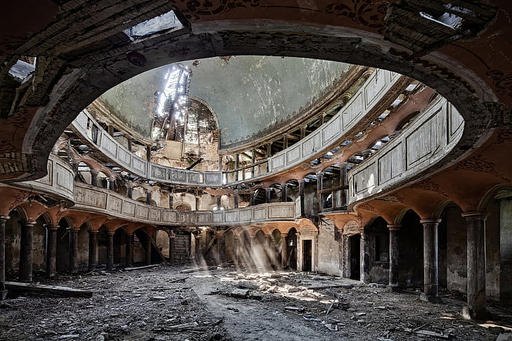 dome, abandoned, building, arch, column, sun rays, architecture, HD wallpaper