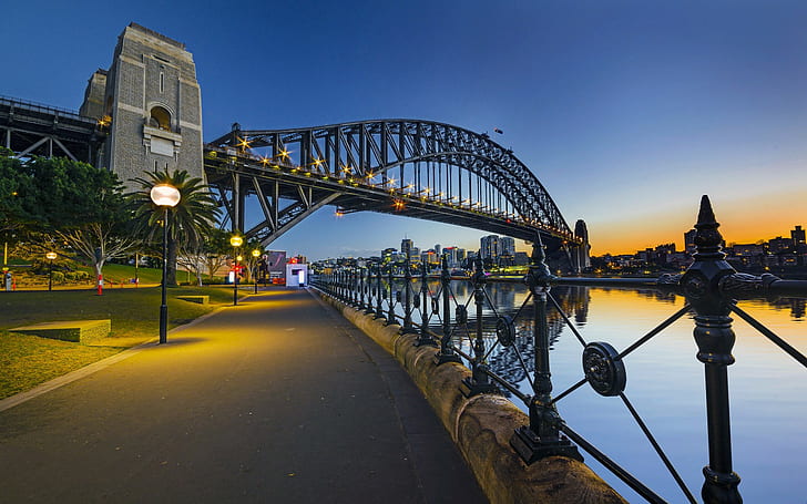 fence, Sydney, lights, Australia, bridge, reflection, water