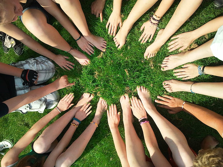 community, feet, friends, friendship, grass, group, hands, legs