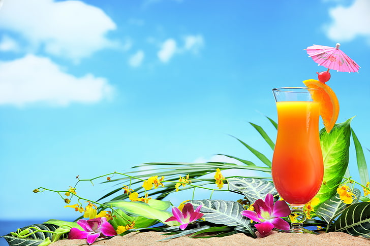 orange juice wallpaper, drink, flowers, leaves, freshness, food and drink, HD wallpaper