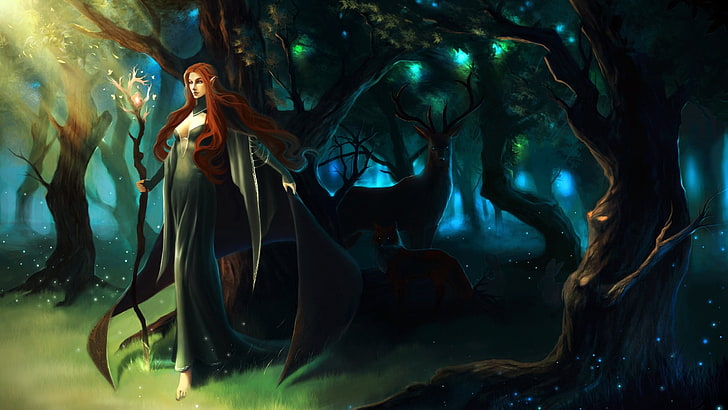 fairy standing under tree digital wallpaper, elves, fantasy art, HD wallpaper