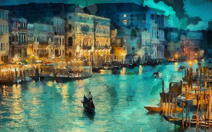 Venice Grand Canal painting, art, italy, lights, night, HD wallpaper
