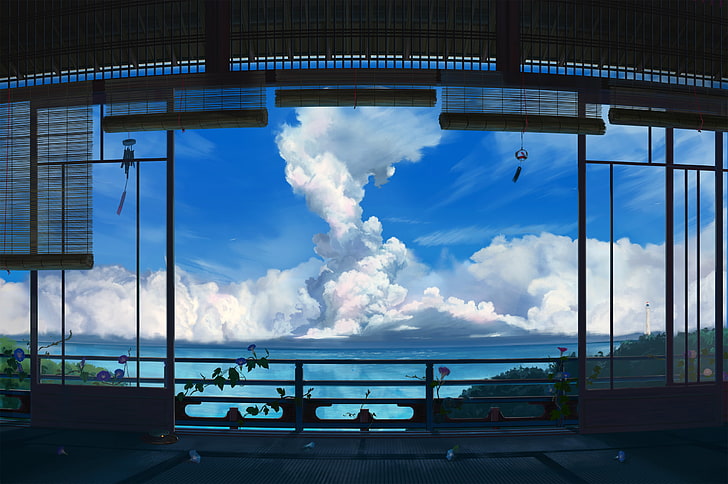 terrace rails and bamboo window blinds, anime, clouds, artwork