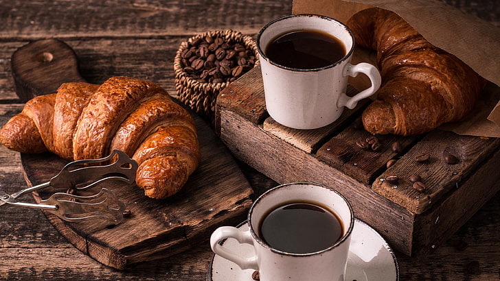 coffee cup, breakfast, still life photography, croissant, pastry, HD wallpaper
