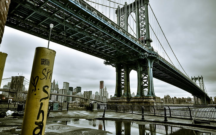 bridge, cityscape, building, reflection, Manhattan Bridge, HD wallpaper