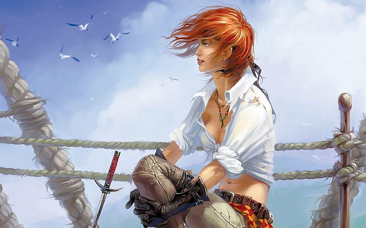 Anime Girls, pirates, redhead, HD wallpaper