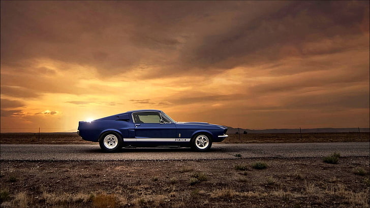Hd Wallpaper Blue Ford Mustang Car Blue Cars Sunlight Road Landscape Wallpaper Flare