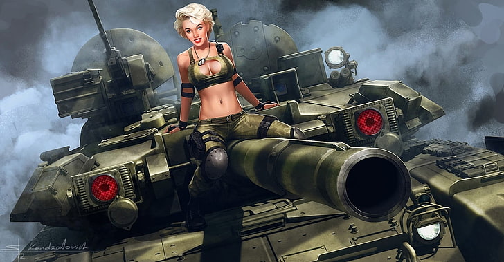 woman riding battle tank digital wallpaper, digital art, T-90