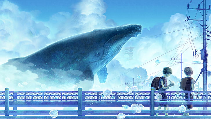 Anime Whale Blue HD, cartoon/comic