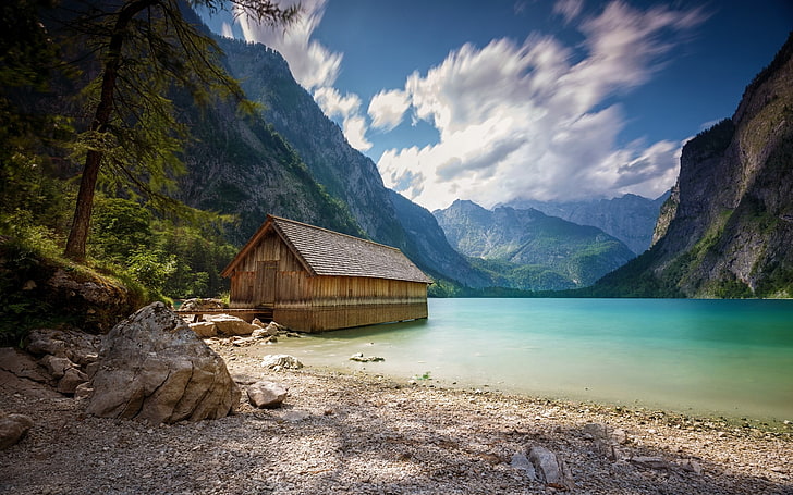 brown cabin, landscape, nature, boathouses, lake, summer, mountains, HD wallpaper