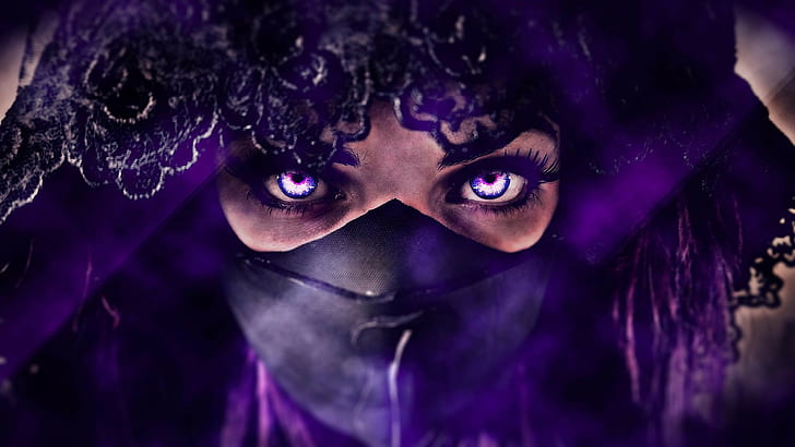 women, purple, veils, photo manipulation, mask, face, digital art