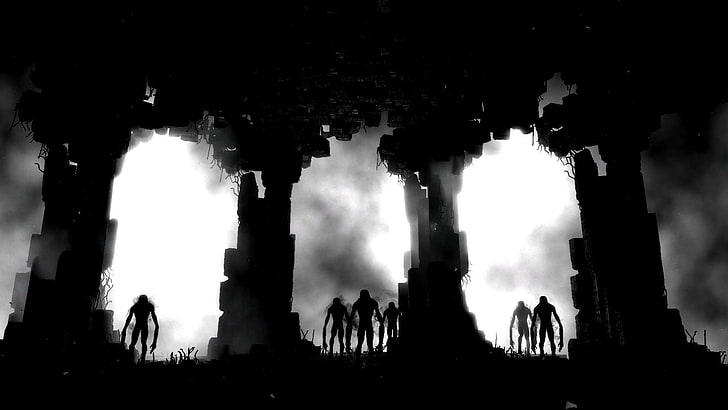 aliens standing on building with three holes, Metro 2033, monochrome