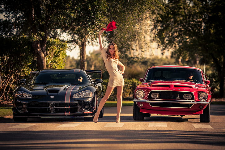 girl, Mustang, Ford, Model, flag, Dodge, red, muscle car, black, HD wallpaper