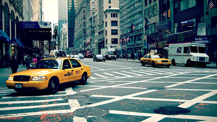 yellow sedan, street, traffic, New York City, taxi, car, motor vehicle