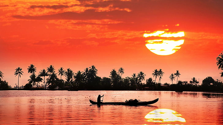 backwaters, red sunset, india, kochi, kerala backwaters, dawn, HD wallpaper