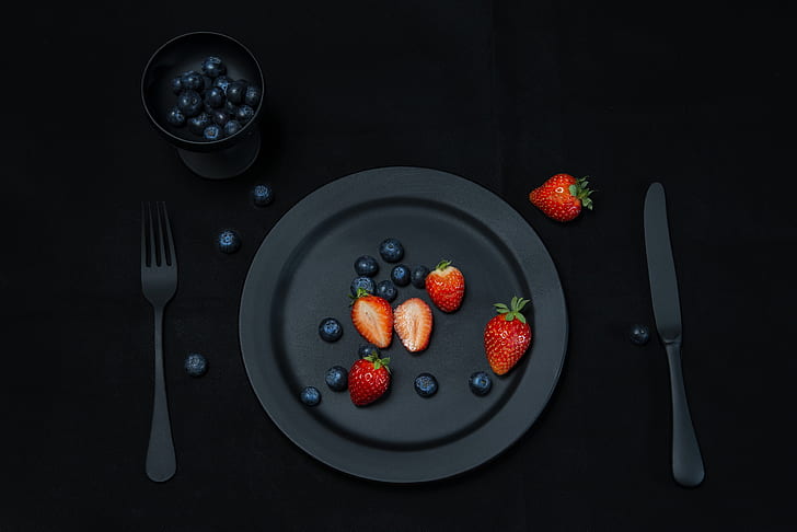 food, strawberries, fork, knife, fruit, blueberries, knife and fork, HD wallpaper