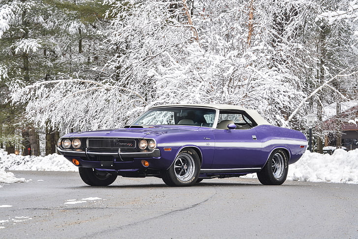 purple and white Dodge Challenger R/T coupe, snow, background, HD wallpaper