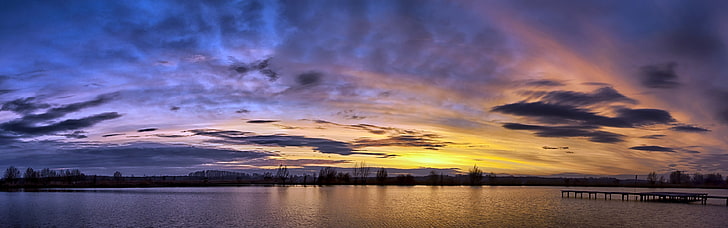 photography of sunset and body of water, landscape, clouds, multiple display